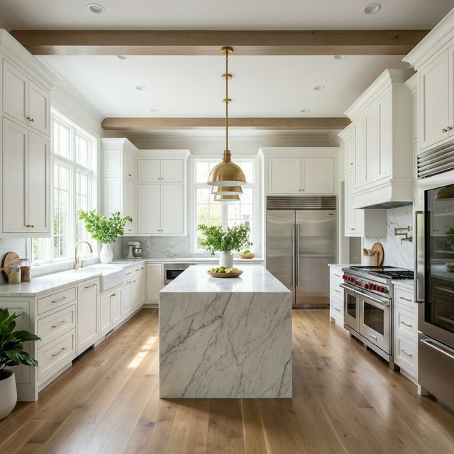 High-end luxury kitchen renovation with white shaker cabinets and marble waterfall island in Venice, Florida by iHome Built
